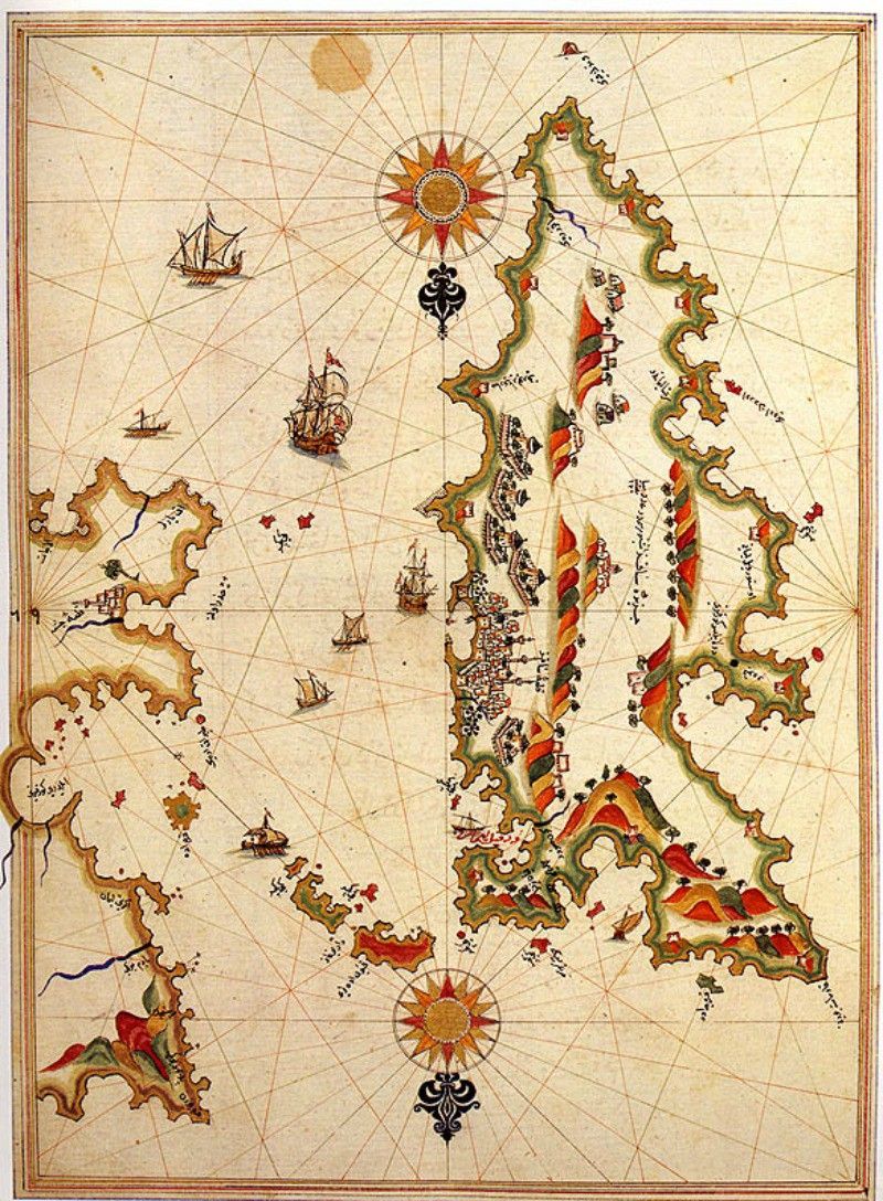 A 16th-century detailed map of the island of Chios by Piri Reis.