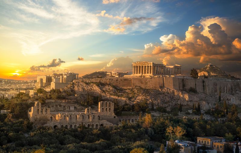 Acropolis of Athens at sunset in Greece