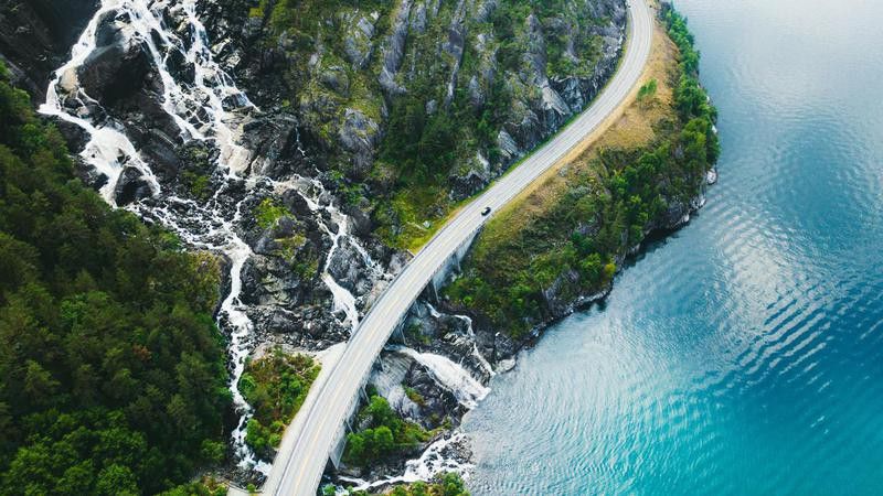 Aerial photo of a winding road in Norway