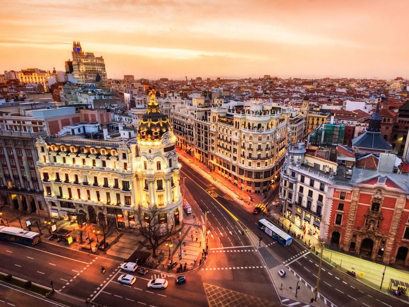 Aerial view and skyline of Madrid at dusk