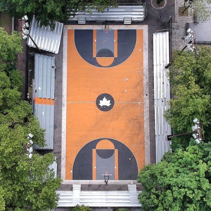 Aerial view of Rucker Park basketball courts