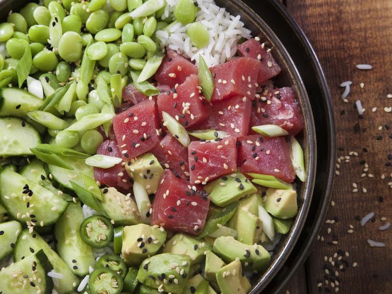 Ahi Tuna Poke Bowl with Rice and Vegetables