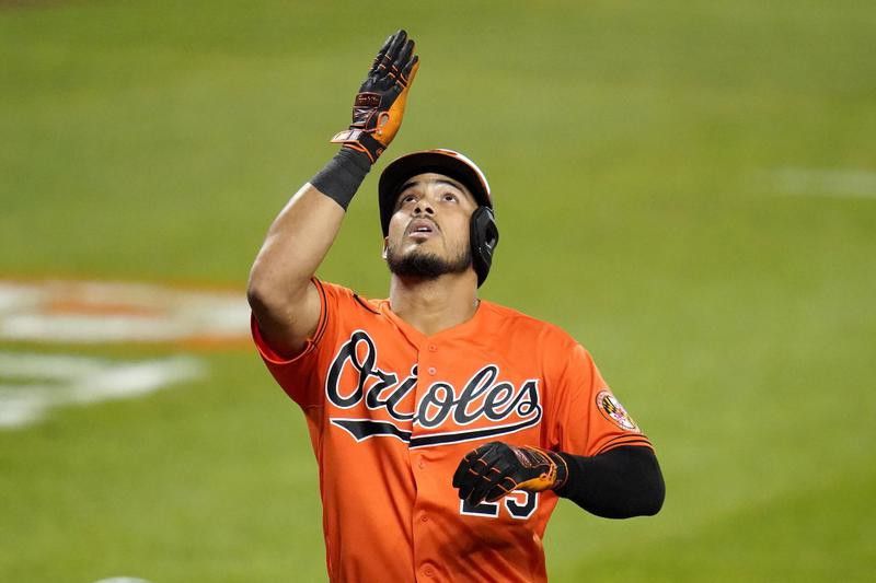 Anthony Santander of the Baltimore Orioles reacts after hitting home run