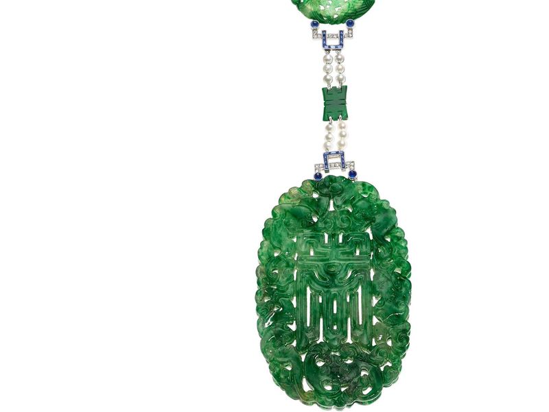 Art Deco Jadeite Jade, Sapphire, Diamond, Seed Pearl, and Platinum Necklace