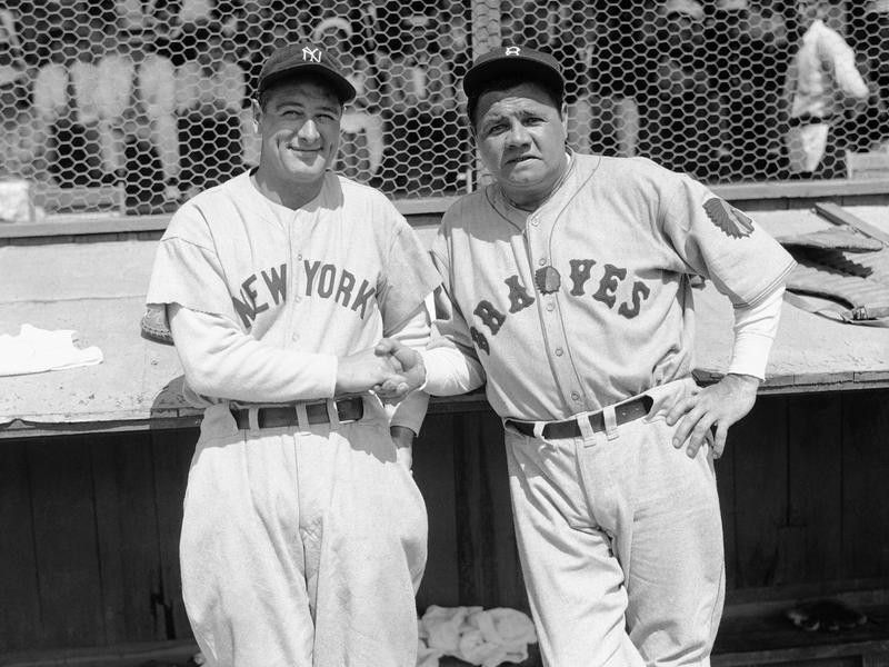Babe Ruth and Lou Gehrig pose together at a spring training game
