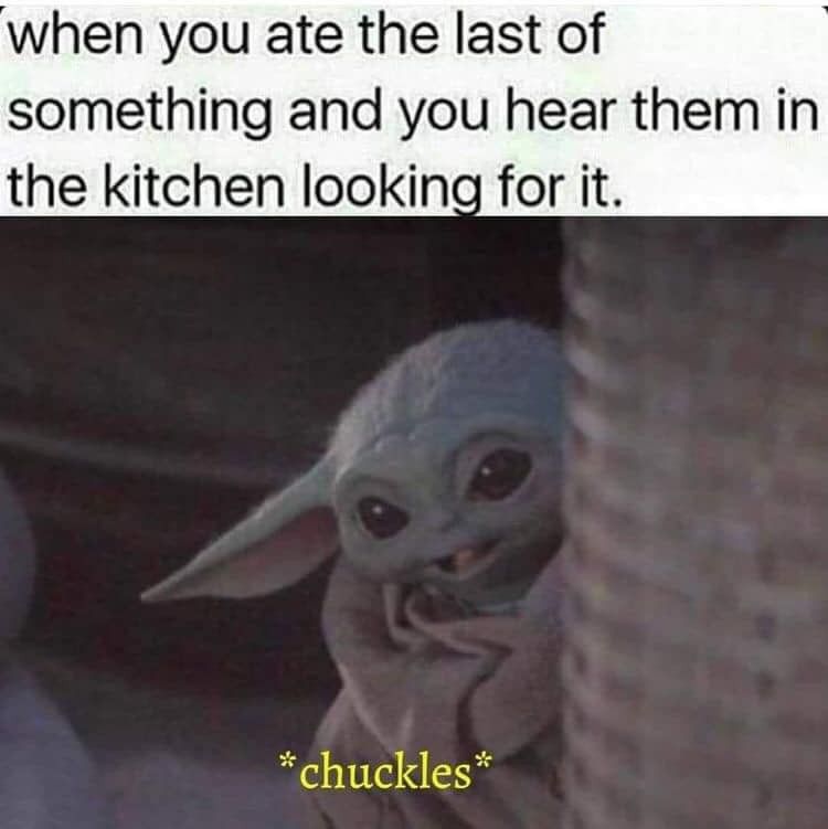 Baby Yoda stealing snacks meme