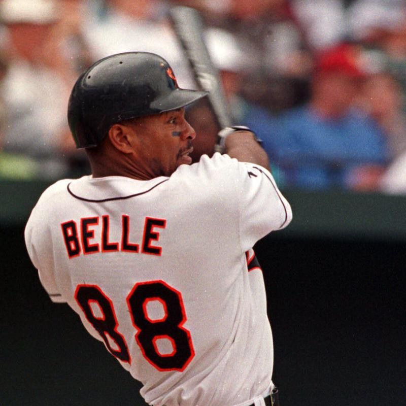 Baltimore Orioles' Albert Belle hits a solo home run