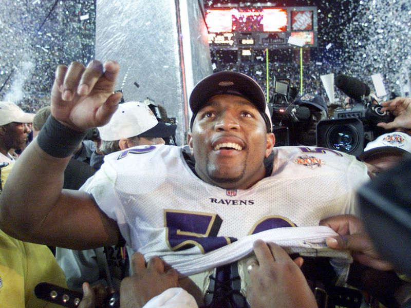 Baltimore Ravens linebacker Ray Lewis smiles after defeating New York Giants