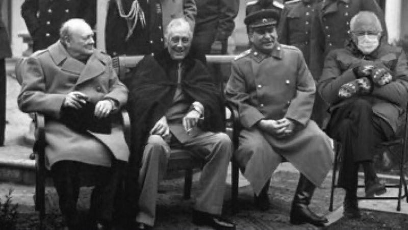 Bernie Sanders with Winston Churchill, Franklin Roosevelt and Joseph Stalin