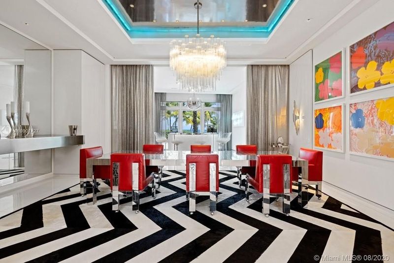 Black-and-white-and-red dining room