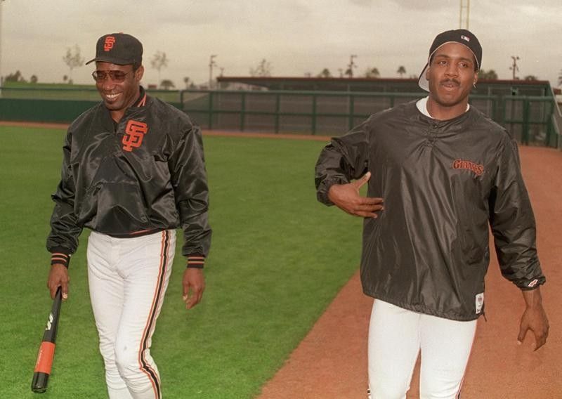 Bobby Bonds interacts with Barry Bonds at spring training in Arizona