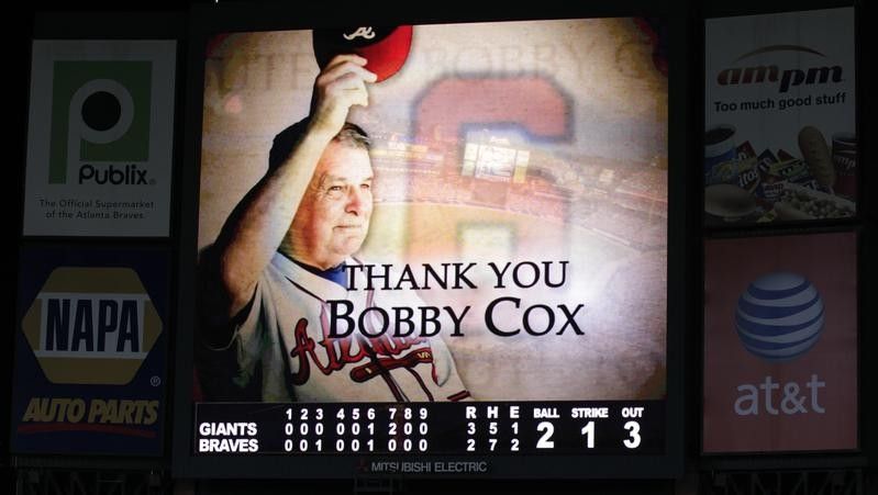 Bobby Cox is thanked at Turner Field after retiring