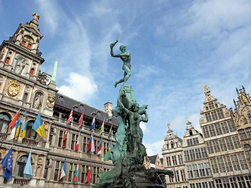 Brabo Statue and City Hall of Antwerp Belgium