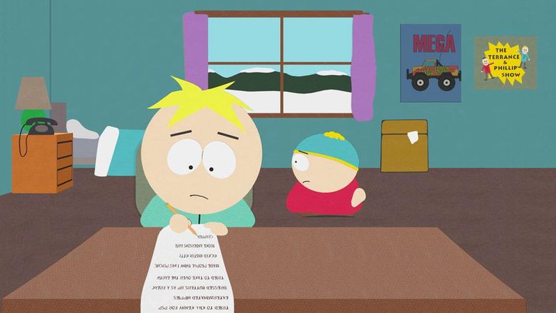 Butters writes a note for Cartman