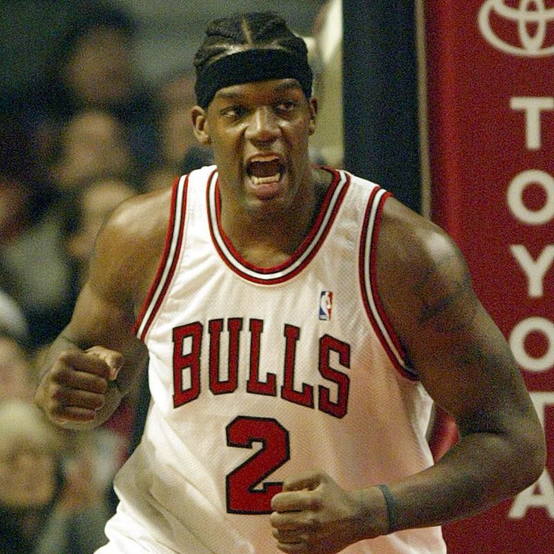 Chicago Bulls' Eddy Curry celebrates basket