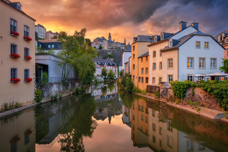 Cityscape in old town Luxembourg skyline at sunset