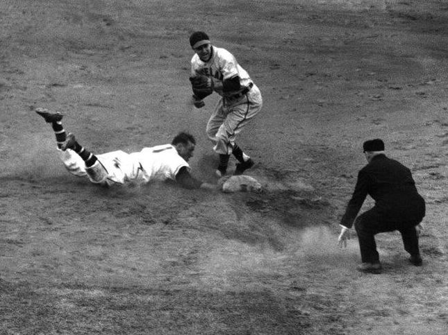 Cleveland Indians shortstop Lou Boudreau in the 1948 World Series against the Boston Braves
