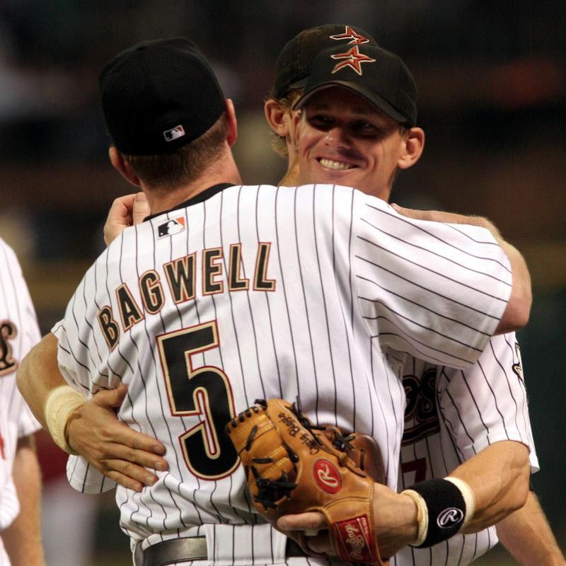 Craig Biggio hugs Houston Astro Jeff Bagwell after the Astros defeated the Toronto Blue Jays