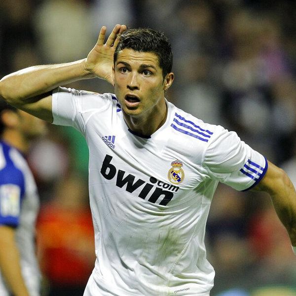 Real Madrid's Cristiano Ronaldo from Portugal celebrates after scoring against Hercules during their Spanish League soccer match at the Rico Perez stadium in Alicante, on Saturday, Oct. 30, 2010. (AP Photo/Alberto Saiz)