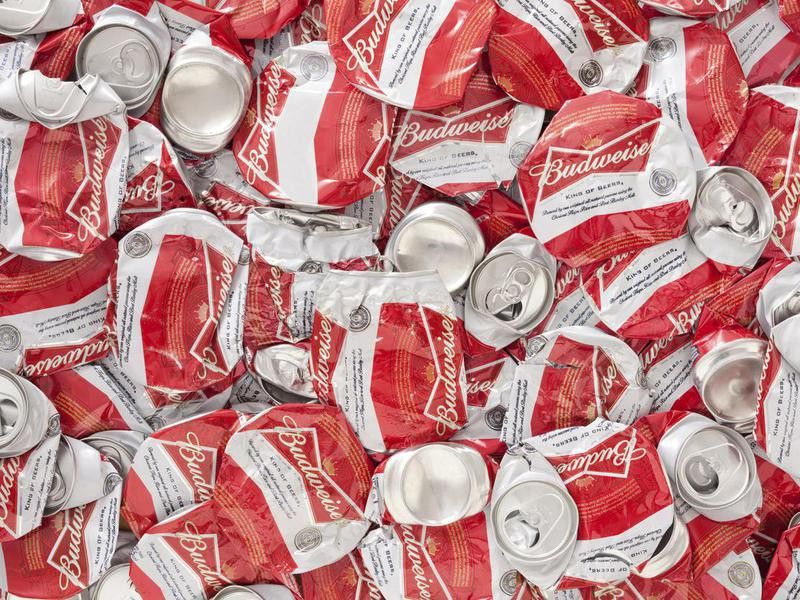Crushed Budweiser beer cans