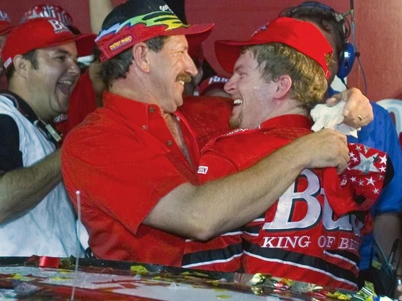 Dale Earnhardt embraces Dale Earnhardt Jr. after winning Winston All-Star Race