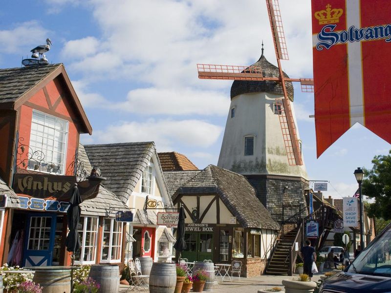 Danish houses and windmill in city of Solvang, California