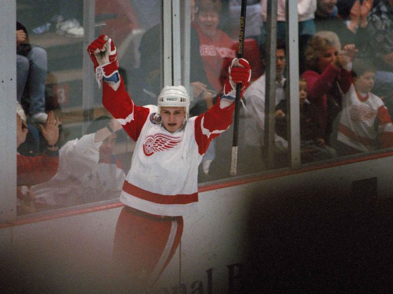 Detroit Red Wings' Sergei Fedorov rejoices after scoring