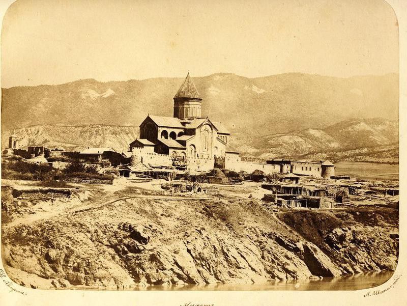 Digital copy of a photograph showing Svetitskhoveli Cathedral and its surroundings, circa 1858.