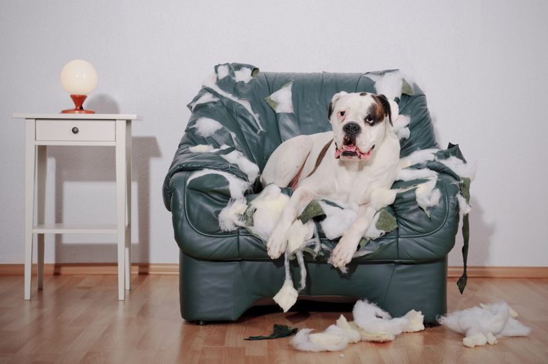 Dog sitting on chewed-up leather chair