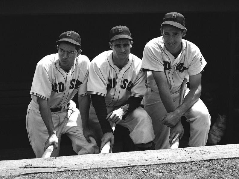 Dom Di Maggio, Bobby Doerr, and Ted Williams pose at Fenway