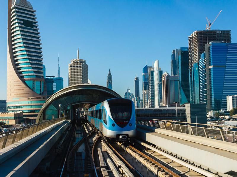 Dubai Metro. A view of the city from the subway car