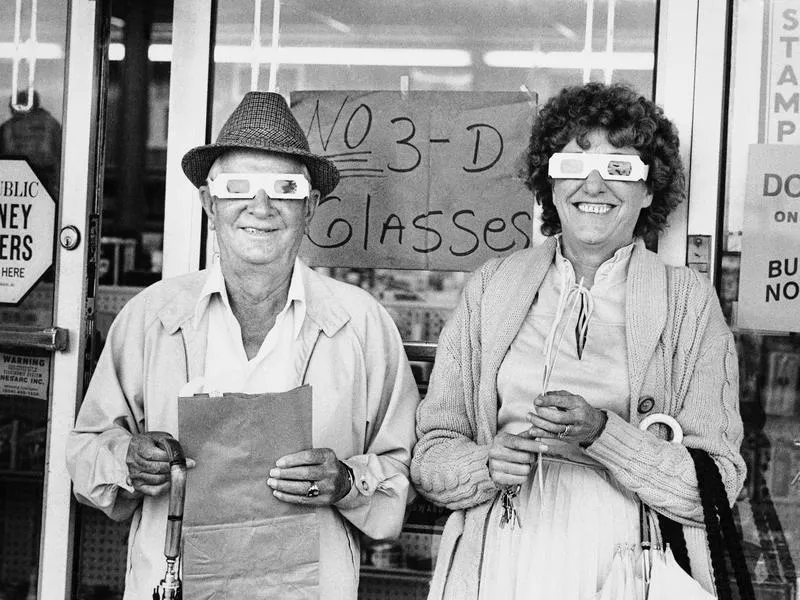 Two New Orleans residents wear special glasses to see “Revenge of the Creature,” the first commercial TV showing of a 3-D movie in the United States. "Creature" marked Clint Eastwood's film debut.