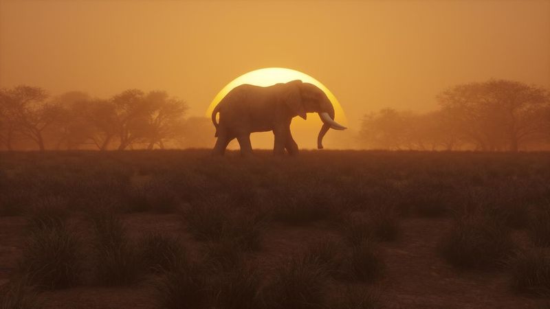 Elephant walking at sunset