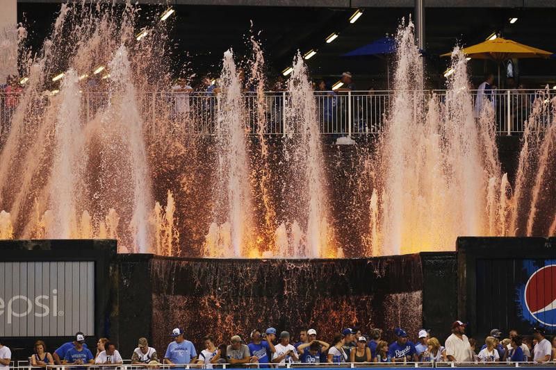 Fans by Kauffman Stadium fountains