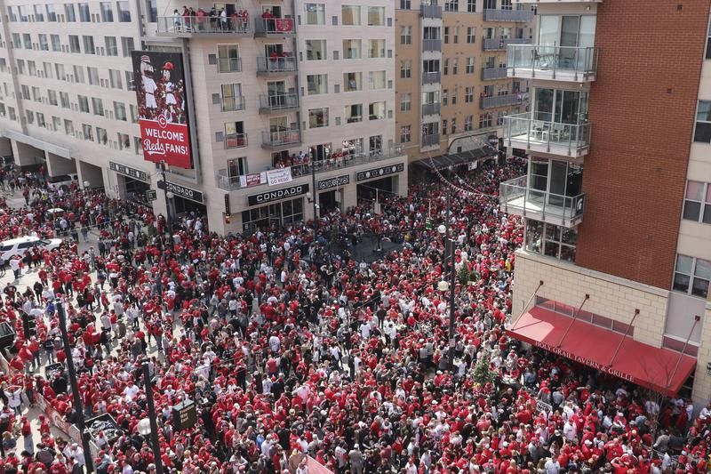 Fans gather outside Great American Ball Park before Opening Day