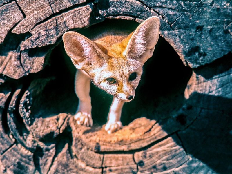 Fennec Fox in wooden hole