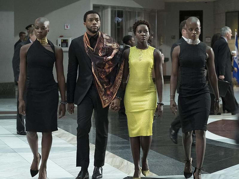 Florence Kasumba, Chadwick Boseman, Danai Gurira, and Lupita Nyong'o in Black Panther (2018)