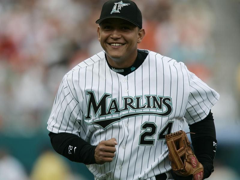 Florida Marlins' third baseman Miguel Cabrera smiling