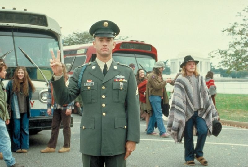 Forrest Gump giving the peace sign