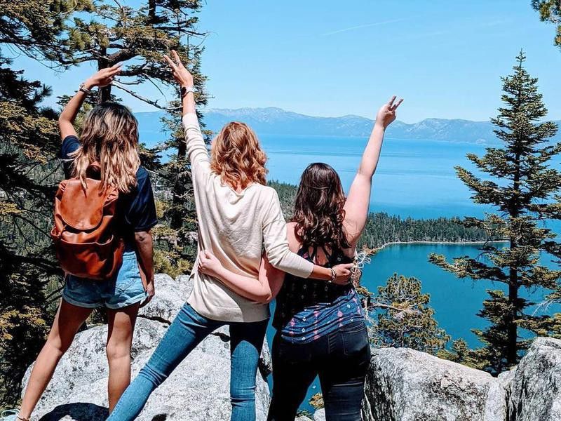 Friends hiking in Lake Tahoe, California