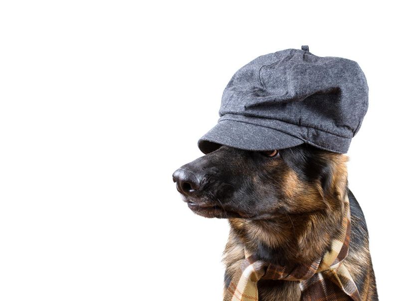 Funny German shepherd wearing a scarf and a cap