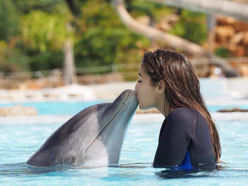 Girl kissing dolphin