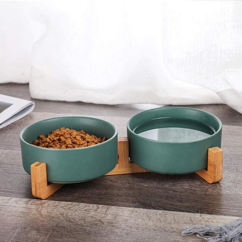 Green Ceramic Cat Dog Bowl Dish with Wood Stand No Spill Pet Food Water Feeder