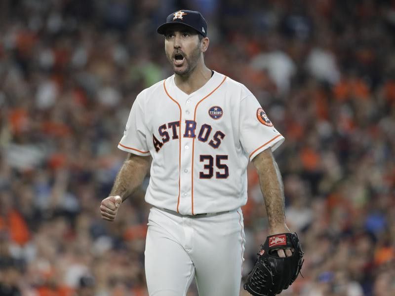 Houston Astros starting pitcher Justin Verlander reacts