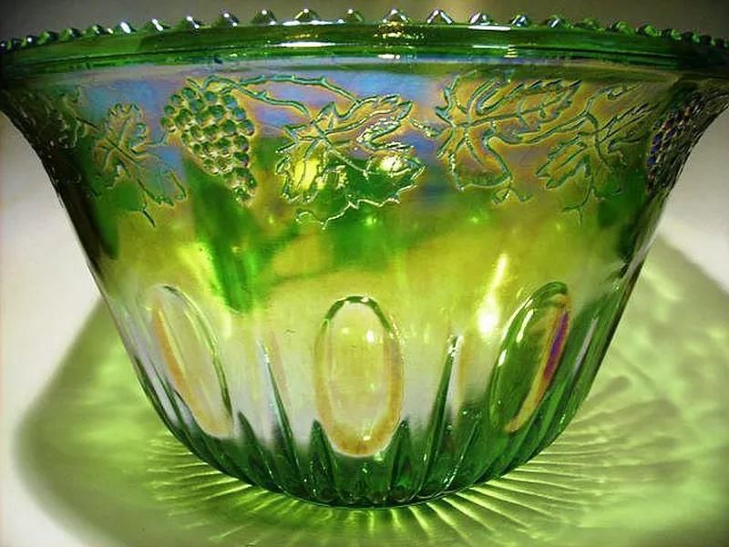 Indiana Green Carnival Glass Princess Punch Bowl