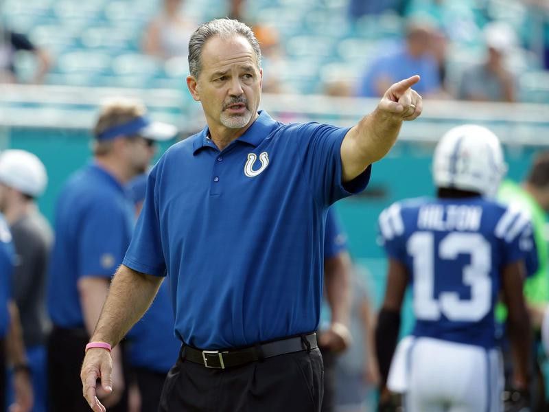 Indianapolis Colts head coach Chuck Pagano watches his team warm up