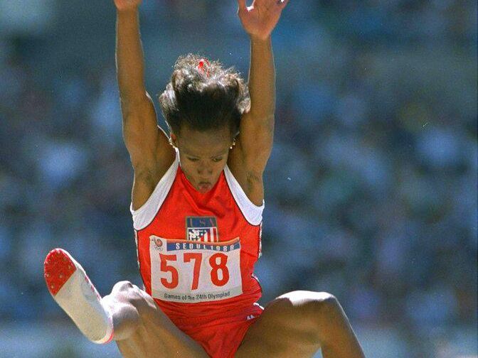 Jackie Joyner-Kersee long jumping at the 1988 Olympics in Seoul