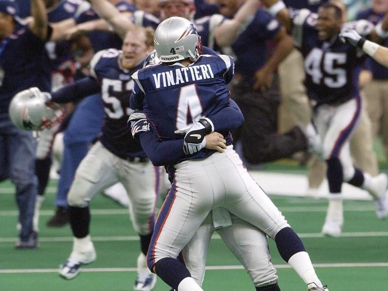 Jason Vinatieri Patriots celebrate Super Bowl win over Rams