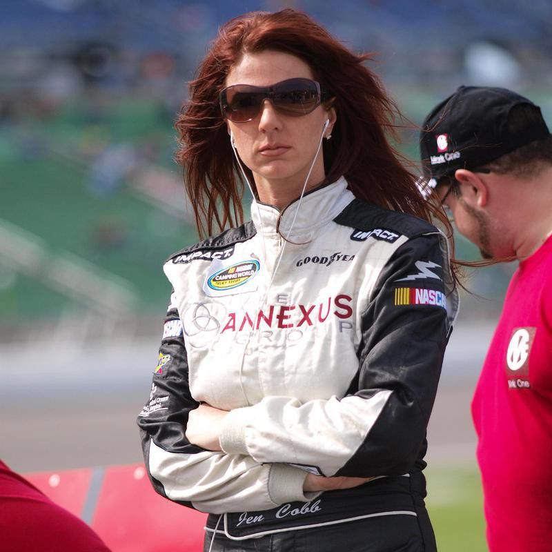 Jennifer Jo Cobb waits to qualify for O'Reilly Auto Parts 250 auto race