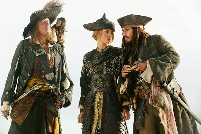 Johnny Depp, Geoffrey Rush, and Keira Knightley in Pirates of the Caribbean: At World's End